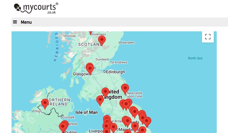 MyCourts homepage showing its UK and Ireland club map