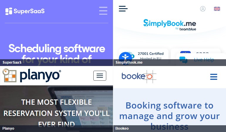 Homepages of SuperSaaS, SimplyBook.me, Planyo and Bookeo